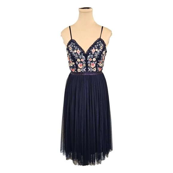 Dex Occasions Blue Embroidered and Beaded Floral Dress Sz S - Picture 1 of 10